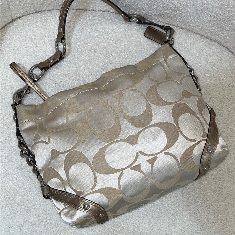 Coach Carly Small Y2K Shoulder Bag Satin Jacquard Print Gold and Silver F15250